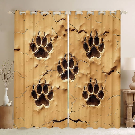 Manfei Embossed Sand Paw Blackout Curtains Set of 2 (52x84 Each), Animal Footprint Curtain, Tan Brown