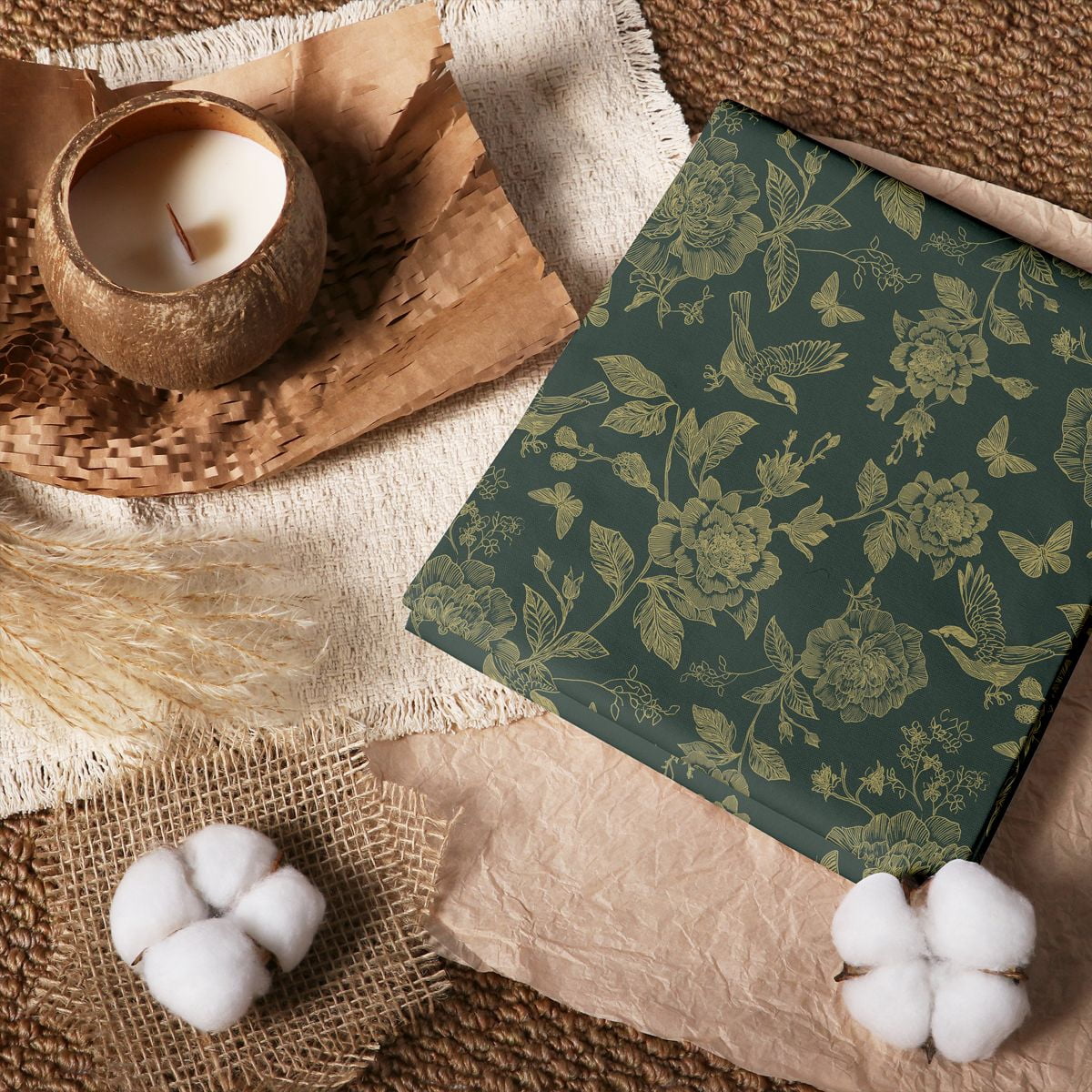 Manfei Emerald Floral 100% Cotton Fabric 2 Yards, Metallic Bird Sewing ...