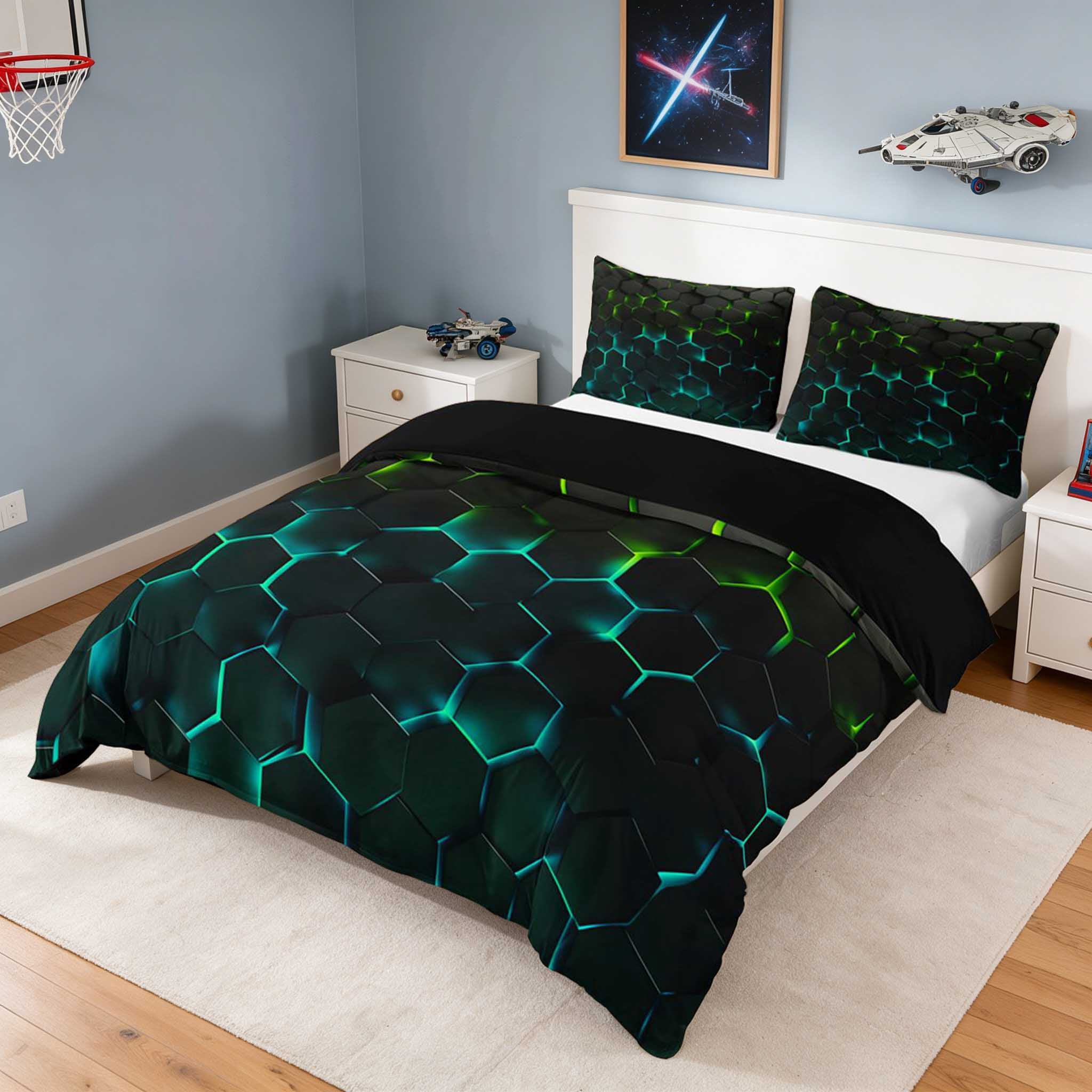 Manfei Emerald Teal Honeycomb Bedding, Geometric Glow Tile Duvet Cover ...