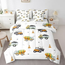 Manfei Equipment Truck Twin Bedding Sets 7-Piece,Kids Bulldozer Bedding Comforter Set,Yellow White Sheet Sets For Boys Teens,Breathable Home Decor Reversible