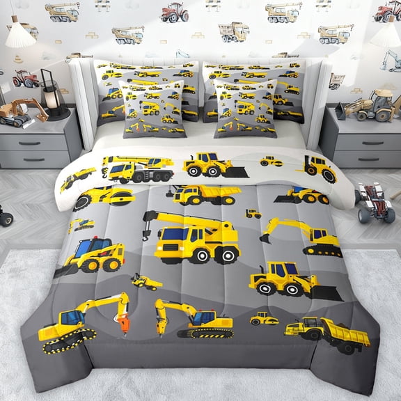 Manfei Equipped Truck 7-Piece Bedding Comforter Set,Excavator Crane Car King Bedding Sets,Yellow Gray Bed Sheets For Boys Teens,Ultra Soft Home Decor Reversible