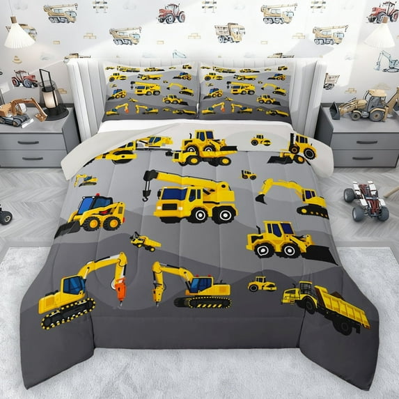 Manfei Equipped Truck Bedding Comforter Set,Excavator Crane Car Twin Comforter Sets,Yellow Gray Bedding Set For Boys Teens,Ultra Soft Home Decor Reversible,2pcs