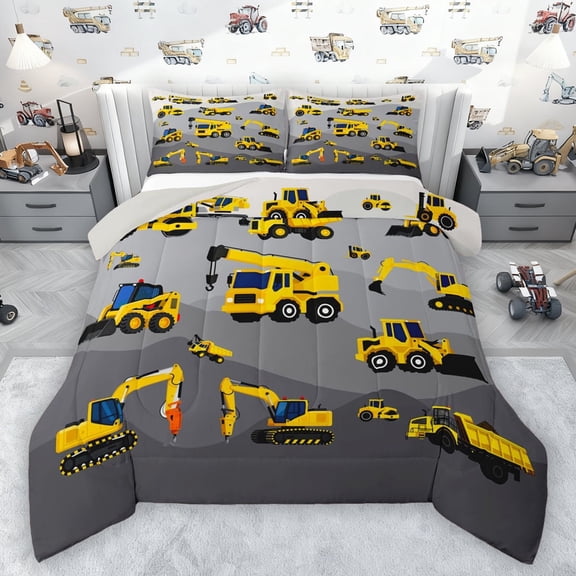 Manfei Equipped Truck Bedding Comforter Set,Excavator Crane Car Twin Comforter Sets,Yellow Gray Bedding Set For Boys Teens,Ultra Soft Home Decor Reversible,2pcs