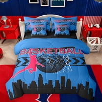 Manfei Est Sleep Basketball Twin Bedding Sets 7-Piece for Boys, Modern City Print Bedding Comforter Set, Cartoon Sports Theme Reversible Sheet Sets, Dodger Blue Super Cozy Room Decor