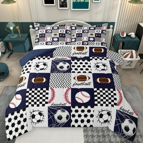 Manfei Est Sleep Sports Bedding Comforter Set for Teens, Cartoon Baseball Football Twin Comforter Sets, Chic Honeycomb Square Reversible Bedding Set, Breathable Home Decor, 2-Piece