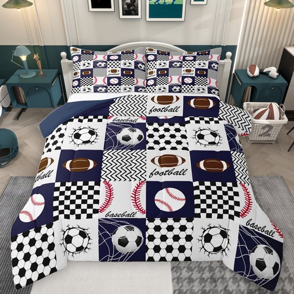 Manfei Est Sleep Sports Queen Comforter Set for Teens, Cartoon Baseball Football Bedding Sets, Chic Honeycomb Square Reversible Bedding Comforter Set, Breathable Home Decor, 3-Piece