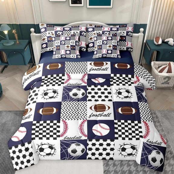 Manfei Est Sleep Sports Twin Bedding Sets 7-Piece for Teens, Cartoon Baseball Football Bedding Comforter Set, Chic Honeycomb Square Reversible Sheet Sets, Breathable Home Decor
