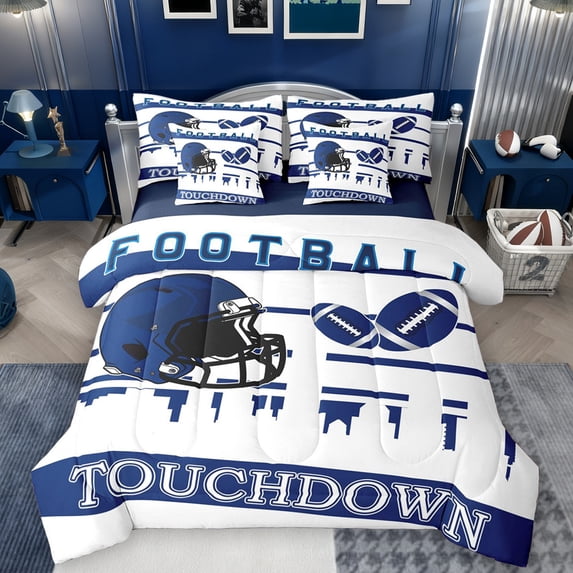 Manfei Est Soccer Sleep Bedding Comforter Set 7 Pieces for Boys, Ball Game Sports Full Bedding Set, White Blue Athlete Helmet Reversible Fitted Sheet Flat Sheet, Ultra Soft Bedroom Decor