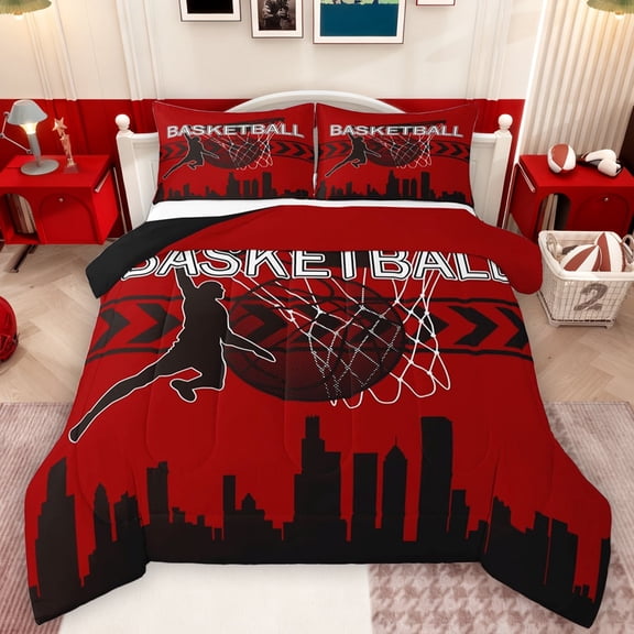 Manfei Est Sport Sleep Queen Comforter Set, Cartoon Basketball Athlete Bedding Sets, Teens Kids Boys Girls Reversible Bedding Comforter Set, Maroon Black Microfiber Bedroom Decor, 3-Piece