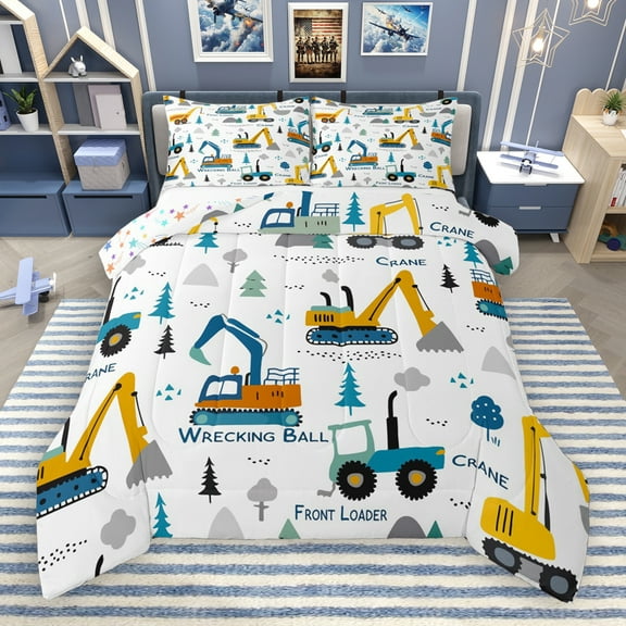 Manfei Excavator Bulldozer Bedding Comforter Set,Construction Vehicles Twin Comforter Sets,White Yellow Blue Bedding Set For Boys Kids,Super Cozy Room Decor Reversible,2 Pieces