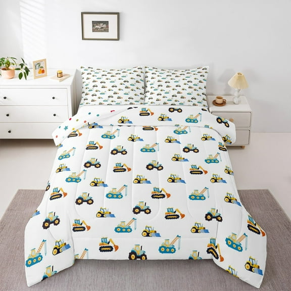 Manfei Excavator Bulldozer Bedding Comforter Set,Construction Vehicles Twin Comforter Sets,Yellow White Blue Bedding Set For Boys Kids,Super Cozy Room Decor Reversible,2pcs