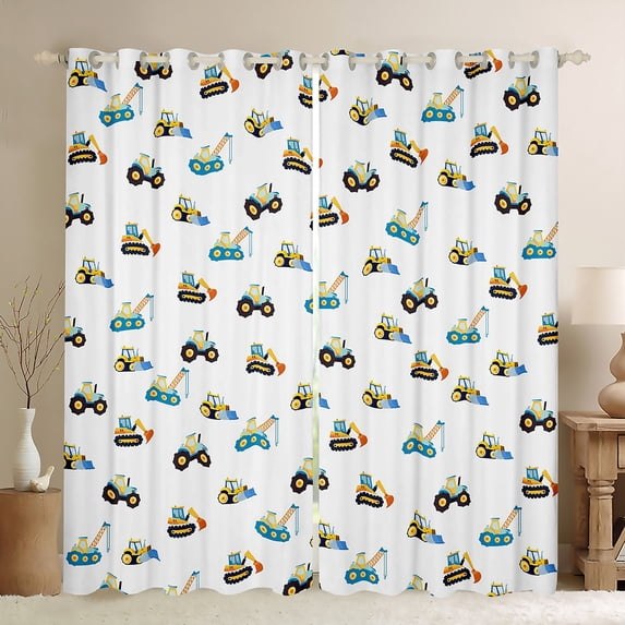 Manfei Excavator Bulldozer Black Out Curtains,Construction Vehicles Curtains Pack of 2 (42x63 Each),Yellow White Blue Bedroom Curtains For Boys Kids,Super Cozy Room Decor