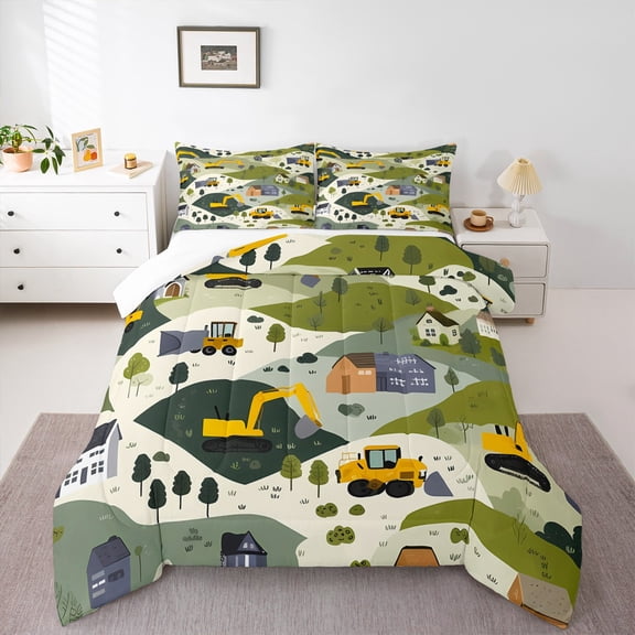 Manfei Excavator Bulldozer Full Size Comforter Sets,Construction Vehicles Bedding Comforter Set,Green Yellow Bedding Sets For Boys Kids,Super Cozy Room Decor,3pcs
