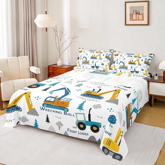 Manfei Excavator Bulldozer Queen Sheet Sets,Construction Vehicles Flat Sheet,White Yellow Blue Queen Fitted Sheet For Boys Kids,Super Cozy Room Decor,4-Piece