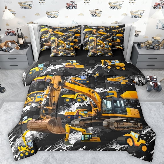 Manfei Excavator Pattern 7-Piece Bedding Comforter Set,Construction Vehicles King Bedding Sets,Yellow Black Bed Sheets For Boys Kids,Luxury Bedroom Decor Reversible