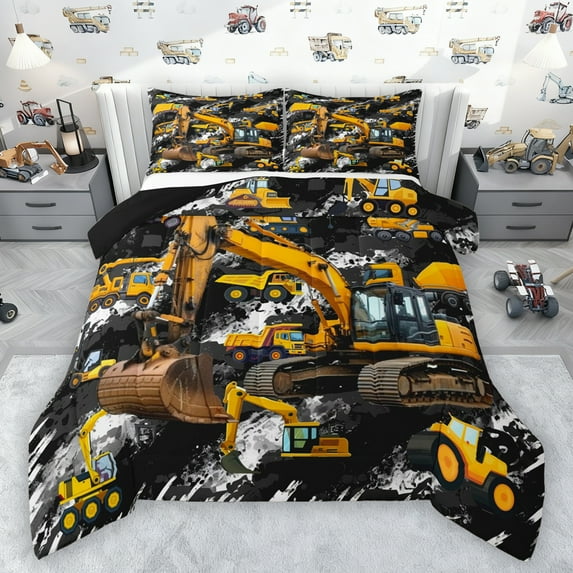 Manfei Excavator Pattern Full Size Comforter Sets,Construction Vehicles Bedding Comforter Set,Yellow Black Bedding Sets For Boys Kids,Luxury Bedroom Decor Reversible,3pcs