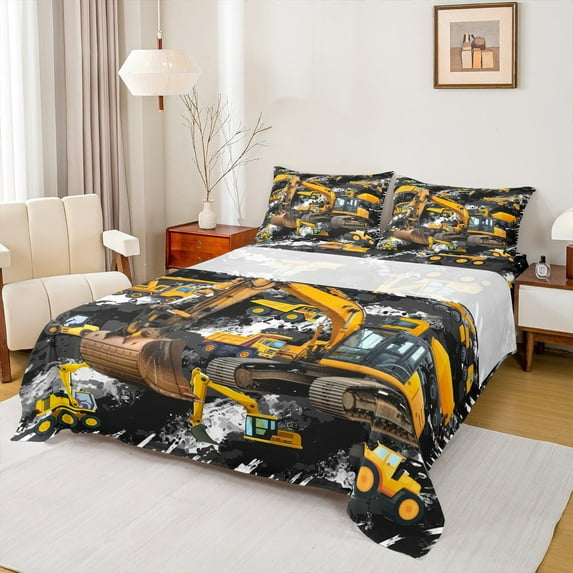 Manfei Excavator Pattern Twin Sheet Sets,Construction Vehicles Twin Fitted Sheet,Yellow Black Flat Sheet For Boys Kids,Luxury Bedroom Decor,3 Pieces