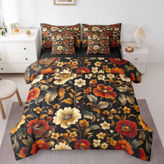 Manfei Exotic Style Bedding Comforter Set 7-Piece for Teens Adults,Chic Floral Flowers King Bedding Sets,Vintage Aesthetics Ultra Soft Bed Sheets,Ultra Soft Home Decor,Reversible