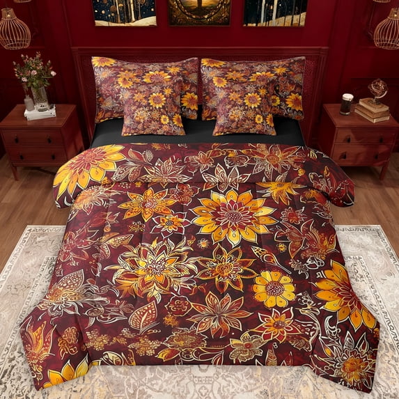 Manfei Exotic Style Bedding Comforter Set 7pcs for Teens Adults,Chic Floral Flowers Queen Bedding Sets Super Cozy,Vintage Aesthetics Queen Sheet Sets,Ultra Soft Home Decor,Reversible