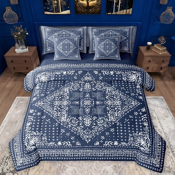 Manfei Exotic Style Flowers 7-Piece Bedding Comforter Set,Rustic Damask Floral King Bedding Sets,Deepblue White Bed Sheets For Kids,Ultra Soft Home Decor Reversible
