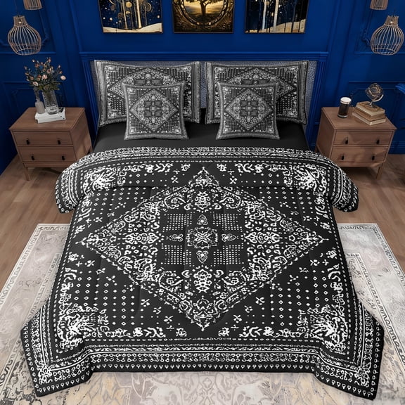 Manfei Exotic Style Flowers 7-Piece Bedding Comforter Set,Rustic Damask Print King Bedding Sets,Black White Bed Sheets For Kids,Ultra Soft Home Decor Reversible