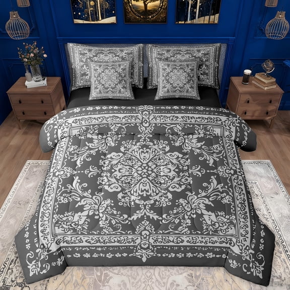 Manfei Exotic Style Flowers 7-Piece Twin Bedding Sets,Rustic Damask Print Bedding Comforter Set,Gray Black Jacquard Sheet Sets For Kids,Ultra Soft Home Decor Reversible