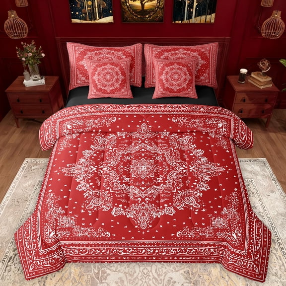 Manfei Exotic Style Flowers 7-Piece Twin Bedding Sets,Rustic Damask Print Bedding Comforter Set,Red White Sheet Sets For Kids,Ultra Soft Home Decor Reversible
