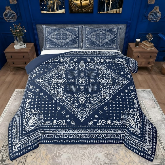 Manfei Exotic Style Flowers Bedding Comforter Set,Rustic Damask Floral Twin Comforter Sets,Deepblue White Bedding Set For Kids,Ultra Soft Home Decor Reversible,2 Pieces