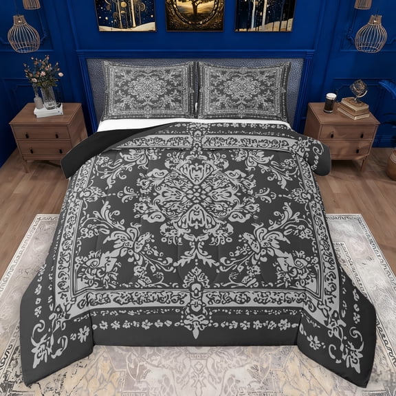 Manfei Exotic Style Flowers Bedding Comforter Set,Rustic Damask Print Twin Comforter Sets,Gray Black Jacquard Bedding Set For Kids,Ultra Soft Home Decor Reversible,2pcs