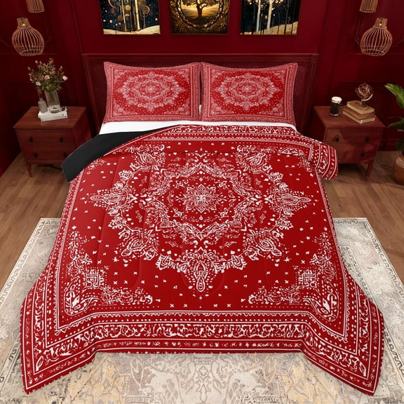 Manfei Exotic Style Flowers Bedding Comforter Set,Rustic Damask Print Twin Comforter Sets,Red White Bedding Set For Kids,Ultra Soft Home Decor Reversible,2-Piece