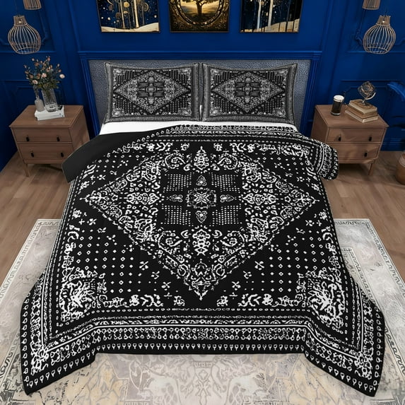 Manfei Exotic Style Flowers Queen Comforter Set,Rustic Damask Print Bedding Sets,Black White Bedding Comforter Set For Kids,Ultra Soft Home Decor Reversible,3 Pieces