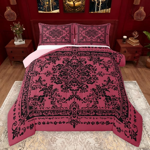 Manfei Exotic Style Flowers Queen Comforter Set,Rustic Damask Print Bedding Sets,Red Black Bedding Comforter Set For Kids,Ultra Soft Home Decor Reversible,3-Piece