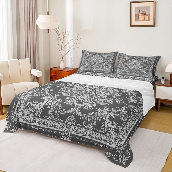 Manfei Exotic Flower Twin Sheet Set,Rustic Damask Gray Black Jacquard,3-Piece