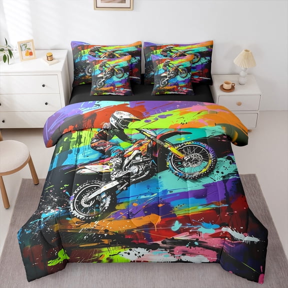 Manfei Extreme Motocross 7-Piece Twin Bedding Sets,Colorful Splash Ink Bedding Comforter Set,Dirt Bike Sheet Sets For Teens,Ultra Soft Home Decor Reversible