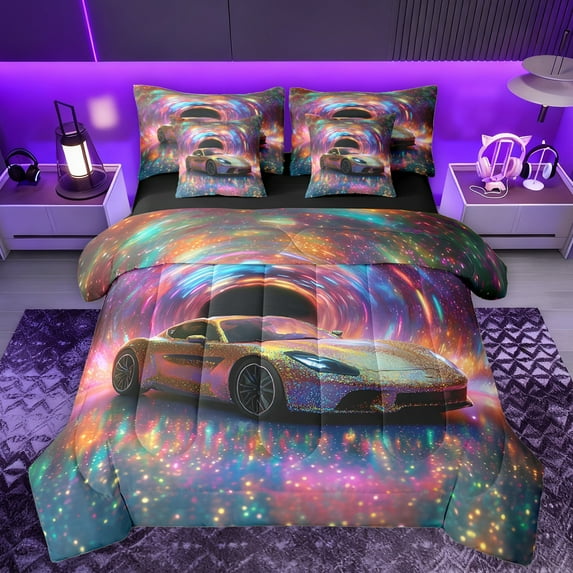 Manfei Extreme Sport Game 7pcs Bedding Comforter Set,Colorful Race Car Queen Bedding Sets,Multicolor Sequin Print Queen Sheet Sets For Teens,Luxury Bedroom Decor Reversible