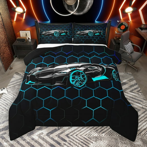 Manfei Extreme Sports Game Bedding Comforter Set,Speed Race Car Twin Comforter Sets,Blue Hockeycomb Hexagon Bedding Set For Boys Kids,Microfiber Bedroom Decor Reversible,2pcs