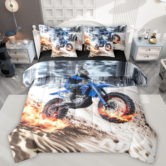 Manfei Extreme Sports Motocross 7 Pieces Bedding Comforter Set,Speed Motorcycle Full Bedding Set,Dirt Bike Fitted Sheet Flat Sheet For Teens,Luxury Bedroom Decor Reversible