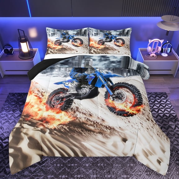 Manfei Extreme Sports Motocross Queen Comforter Set,Speed Motorcycle Bedding Sets,Dirt Bike Bedding Comforter Set For Teens,Luxury Bedroom Decor Reversible,3-Piece
