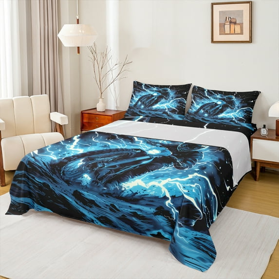 Manfei Extreme Sports Motorcycle Bed Sheets,Abstract Lightning King Sheets,Blue Black Sheet Set For Boys Kids,Breathable Bedroom Decorative,4pcs