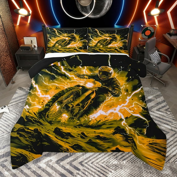 Manfei Extreme Sports Motorcycle Queen Comforter Set,Racing Motorcycle Bedding Sets,Yellow Black Bedding Comforter Set For Boys Kids,Breathable Bedroom Decorative Reversible,3pcs