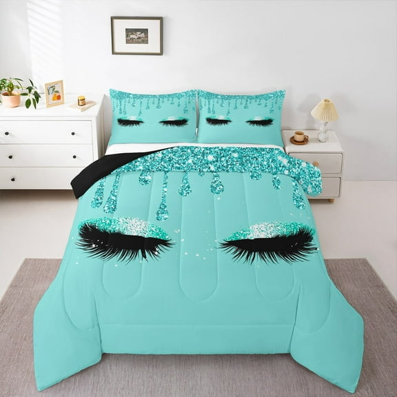 Manfei Eye Sparkling Print Full Size Comforter Sets,Abstract Aesthetic Art Bedding Comforter Set,Cyan Black Bedding Sets For Girl,Ultra Soft Home Decor Reversible,3pcs