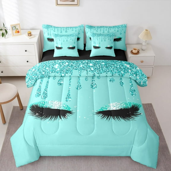 Manfei Eye Sparkling Print Twin Bedding Sets 7-Piece,Abstract Aesthetic Art Bedding Comforter Set,Cyan Black Sheet Sets For Girl,Ultra Soft Home Decor Reversible