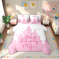 Manfei Fairy Tale Castle 7-Piece Twin Bedding Sets,Always Believe In Magic Bedding Comforter Set,Pink White Sheet Sets For Girls,Ultra Soft Home Decor Reversible