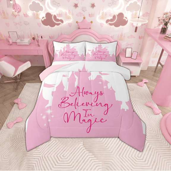 Manfei Fairy Tale Castle Bedding Comforter Set,Always Believe In Magic Twin Comforter Sets,Pink White Bedding Set For Girls,Ultra Soft Home Decor Reversible,2pcs