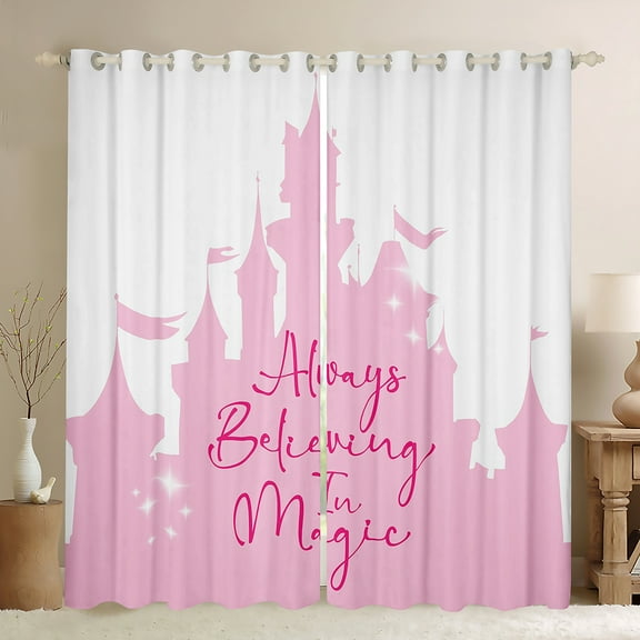 Manfei Fairy Tale Castle Black Out Curtains,Always Believe In Magic Curtains Pack of 2 (42x63 Each),Pink White Bedroom Curtains For Girls,Ultra Soft Home Decor