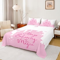 Manfei Fairy Tale Castle Twin Sheet Set,Always Believe In Magic Pink White,Ultra Soft Decor For Girls,3-Piece