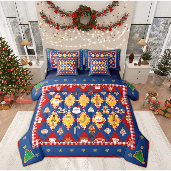 Manfei Fairy Tale Christmas Bedding Comforter Set 7-Piece for Teen, Dreamy Festival King Bedding Sets, Blue Red Buffalo Reversible Bed Sheets, Lightweight Room Decor