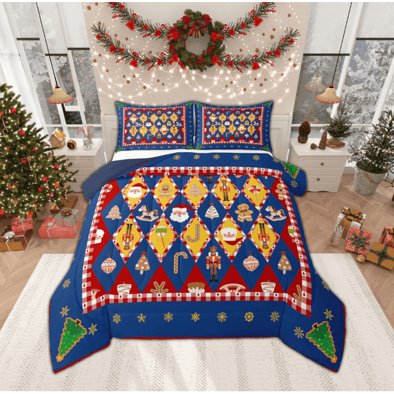 Manfei Fairy Tale Christmas Queen Comforter Set for Teen, Dreamy Festival Bedding Sets, Blue Red Buffalo Reversible Bedding Comforter Set, Lightweight Room Decor, 3pcs