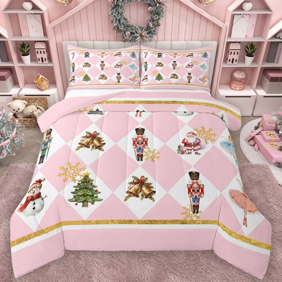 Manfei Fairy Tale Princess Bedding Comforter Set, Kawaii Xmas Nutcracker Guard Twin Comforter Sets, Pink Christmas Plaid Reversible Bedding Set, Lightweight Room Decor, 2-Piece