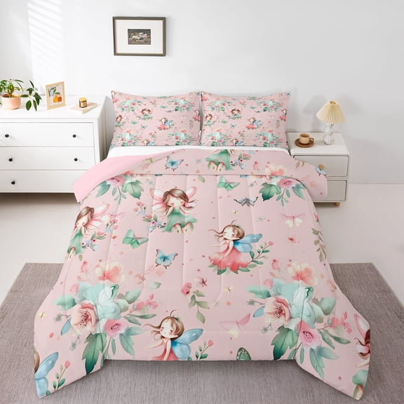 Manfei Fairy Tale Princess Bedding Comforter Set,Lovely Elf Girls Twin Comforter Sets,Country Floral Bedding Set For Kids,Luxury Bedroom Decor Reversible,2-Piece